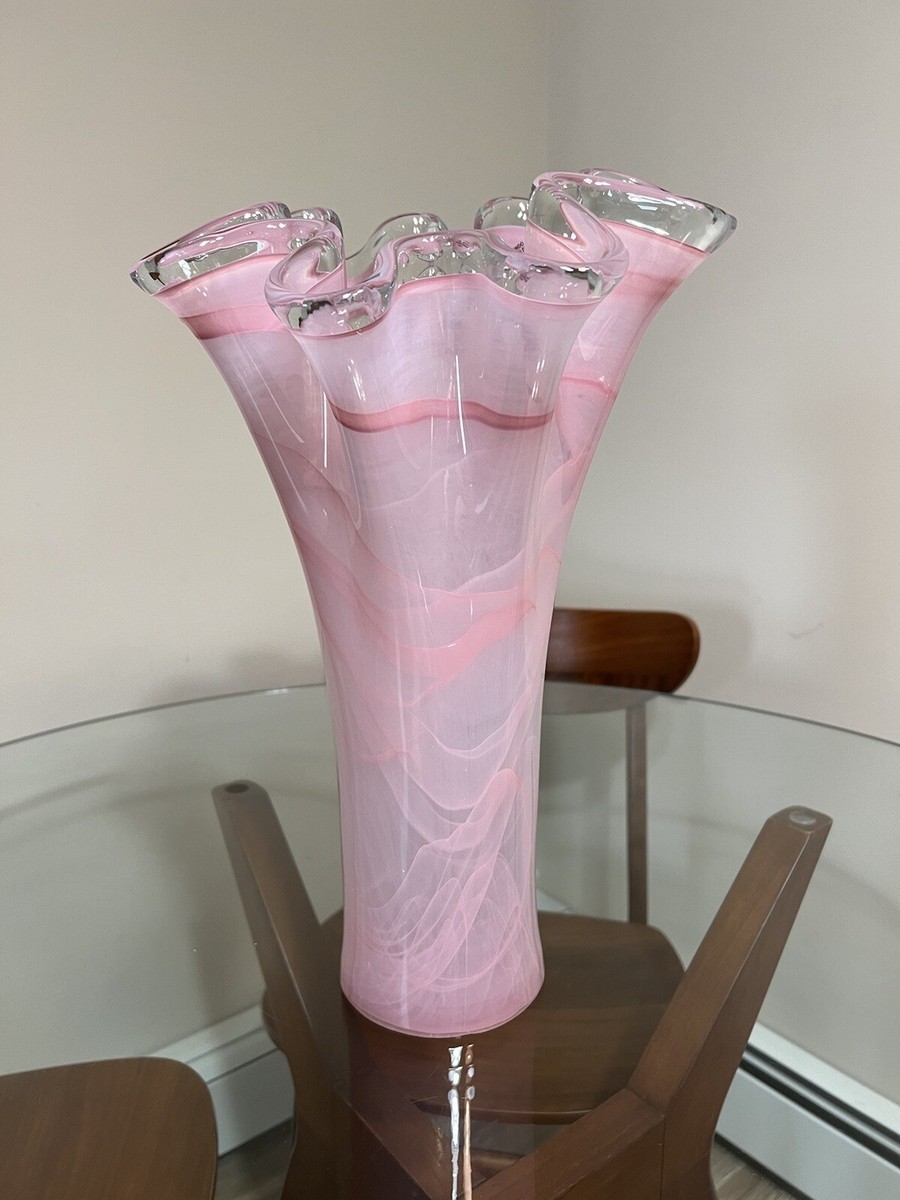 MURANO ITALY金彩 ピンクレースライン ピッチャー 花瓶 ベネチアンガラス ムラーノ レース飾り瓶 ピンクと金彩