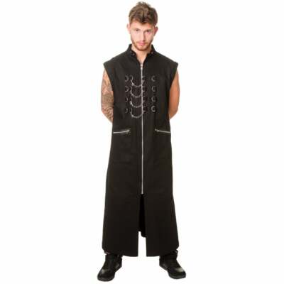 Men Black Long Jacket Studs Bukle Punk Emo