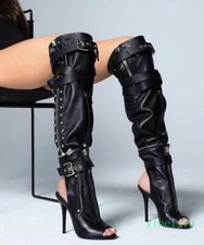 Women's Gladiator Knee High Boots Peep Toe Sandals Shoes Buckle Zipper Stilettos