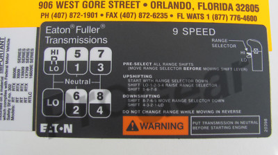 Fuller transmission 9 speed RT RTX shift pattern 20398 