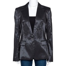 Just Cavalli Black Striped Cotton Ramie Blend Single Buttoned Blazer L