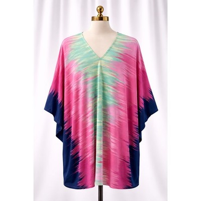 Attitudes by Renee Kaftan Top OS One Size Pink Multi Abstract V-Neck Boho Flowy