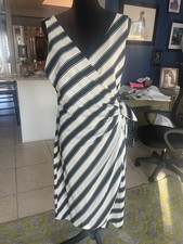 H&M Black and White Striped Wrap Career Dress Large