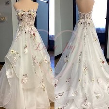 Strapless Wedding Dresses 3D Floral Embroidered Ruffles Backless Bridal Gowns