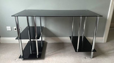 Black Glass Computer Desk with 4 Shelves, Chrome Metal Frame, Modern Style