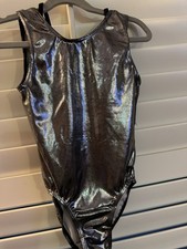 Erin GYMNASTICS dance LEOTARD child large CL SILVER  BLACK open back Swirls