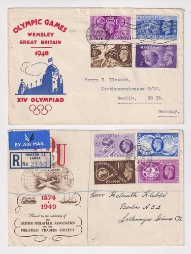 GB GVI Illustrated FDC's to Germany x 2. 1948 Olympics, 1949 UPU.