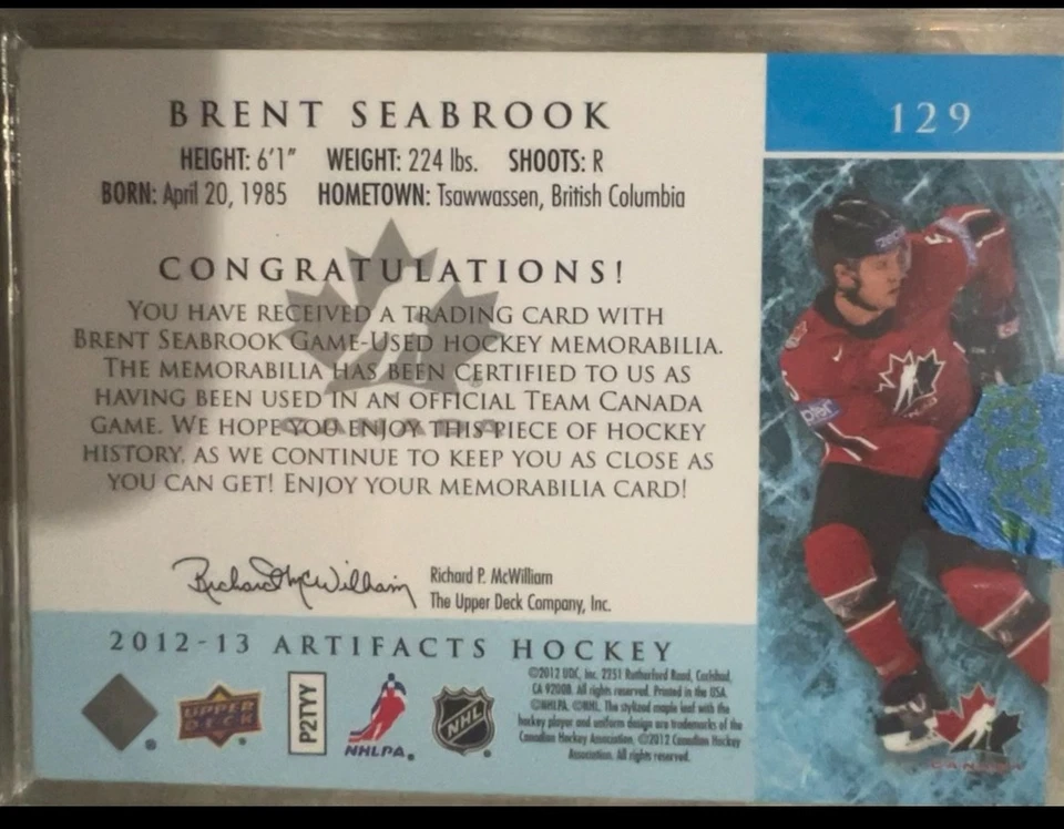 2012-13 Upper Deck Artifacts - Brent Seabrook #129 Jersey/Jersey /75 (MEM) - Image 2 of 2