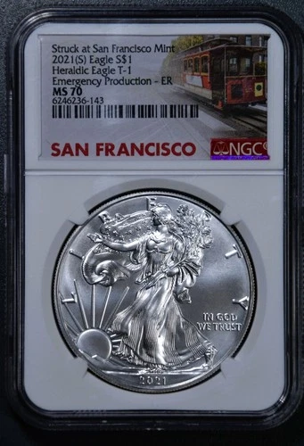 2021(S) $1 AMERICAN SILVER EAGLE UNC T-1 Emerc Prod SF  1 oz 999 NGC MS 70 A6805