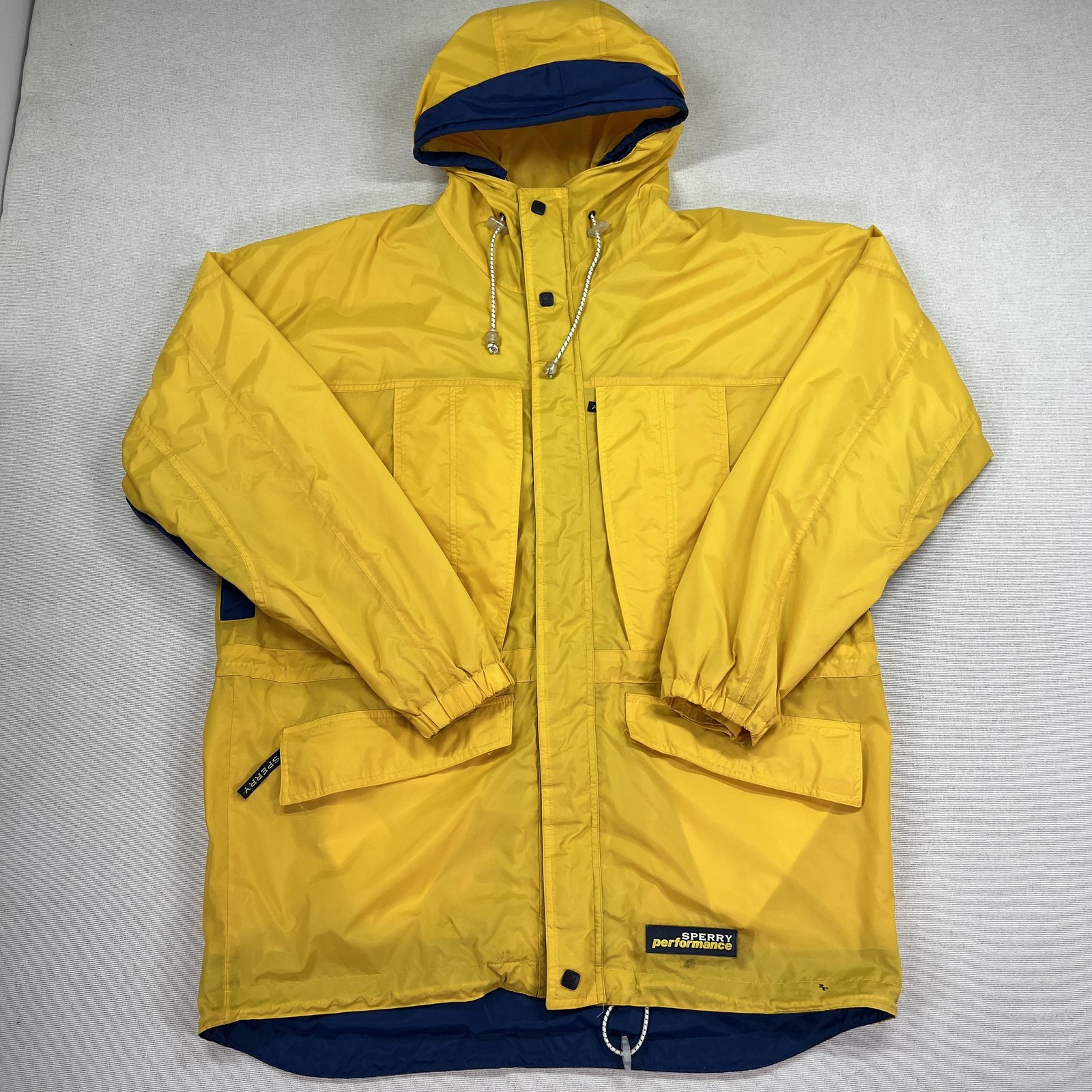 Vintage Sperry Top-Sider Performance Jacket Mens L Yellow Hooded Rain Sailing