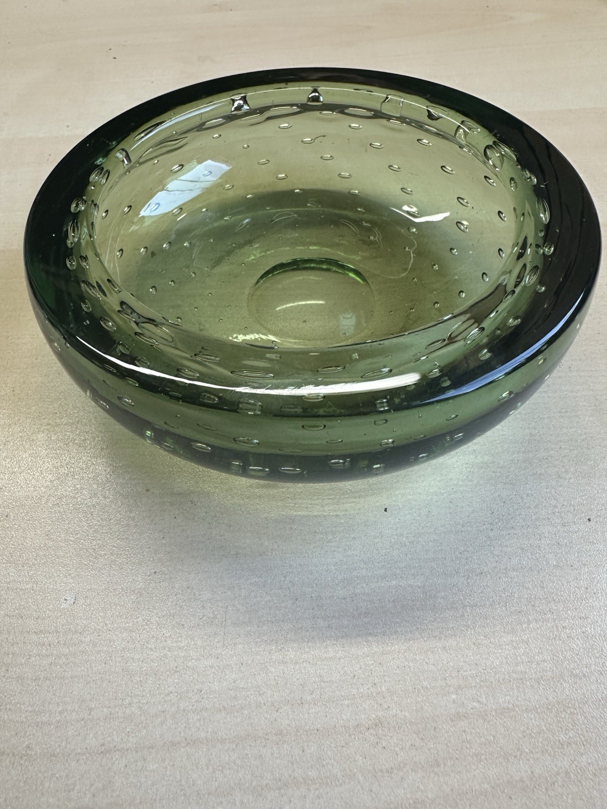 Vintage Art Glass Bowl Green Controlled Bubbles Heavy Studio Glass Dish