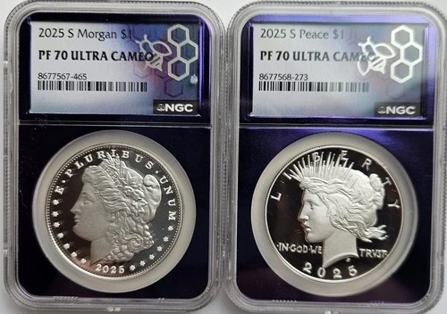 2025 S Morgan & Peace Silver Dollar Proof Set NGC PF70 Ultra Cameo Purple Core