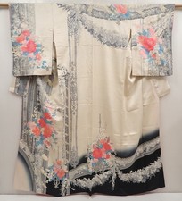 6519T13z960 Vintage Japanese Kimono Silk TSUKESAGE Flowers Off-white