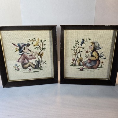 PAIR VINTAGE 9.5'' X 10'' FRAMED FINISHED WOOL HUMMEL NEEDLEPOINTS