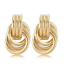 Chunky Gold Earrings for Women Knot Link Circle Statement Drop Dangle Classic...