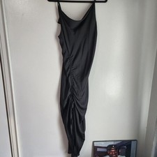 The JLuxlabel Cowl Neck Ruched Satin Midi Dress Black Bodycon Sleeveless Size M