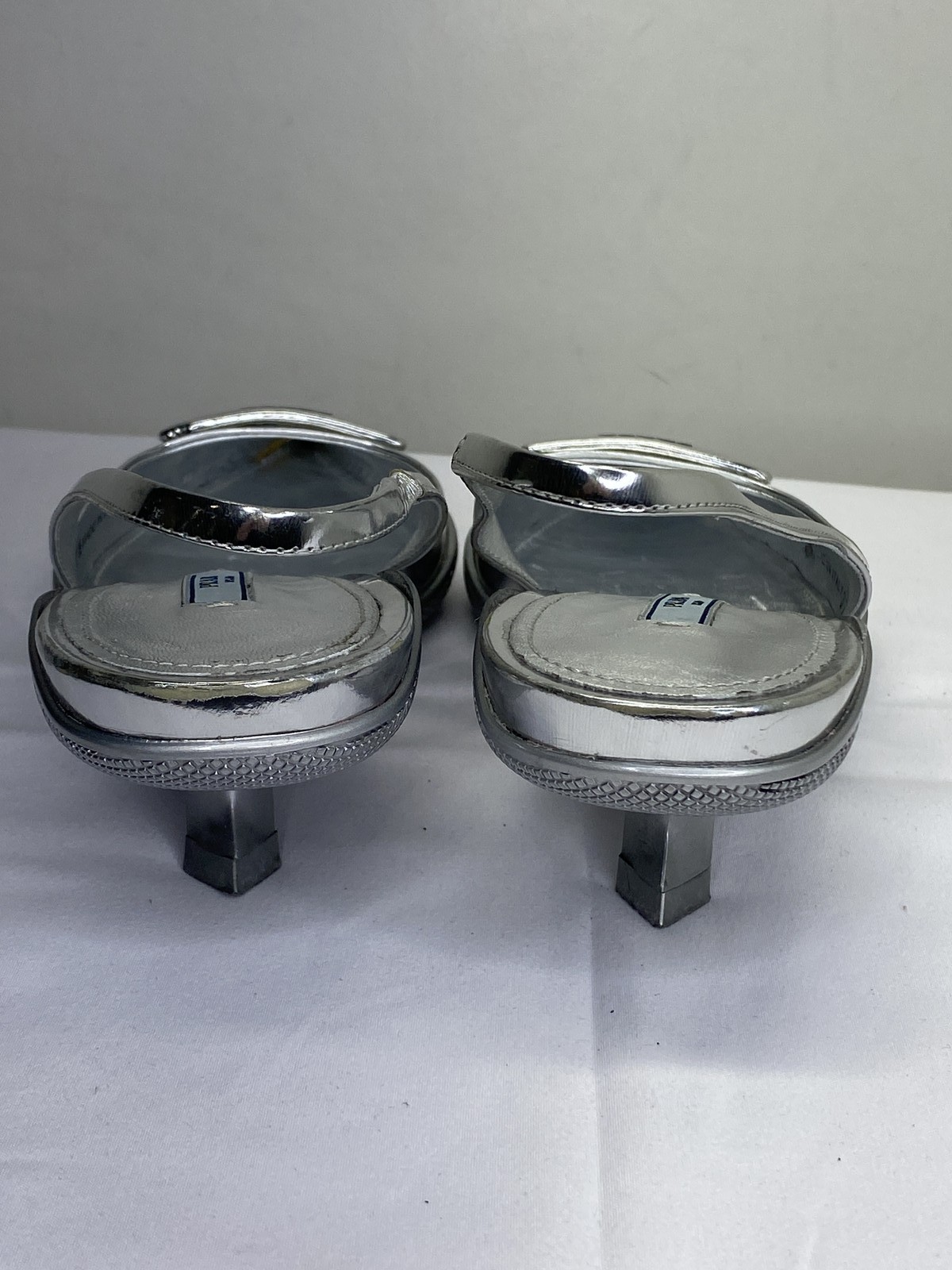 Prada Womens Pumps Silver Size 7.5 Pointed Slingback Low Kitten Heel Logo thumbnail 6