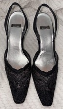 STUART WEITZMAN BLACK SCALLOP LACE SLING BACK SZ 8 AA FANCY HOLIDAY PARTY SHOES