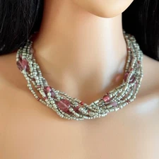 Coldwater Creek Beaded Necklace Silver Tone Pink Red Multi Strand Jewelry