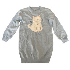 Light Blue Cat Graphic Knit Sweater Dress Tunic Long Sleeve Crew Neck Ribbed
