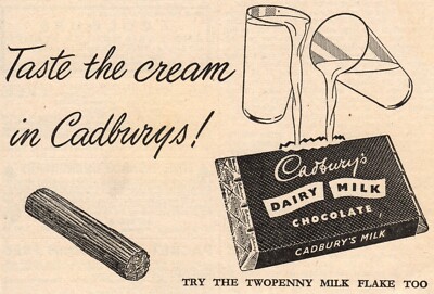 Vintage Cadbury's Dairy Milk Chocolate and Flake Werbung - Original 1953