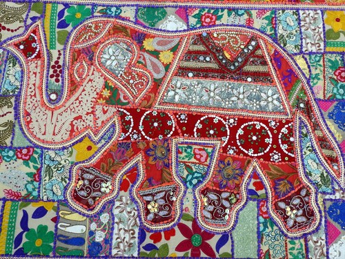 Elephant Wall Hanging Patchwork Tapestry Beaded Hand Embroidered Throw Decor 60" - Picture 2 of 4