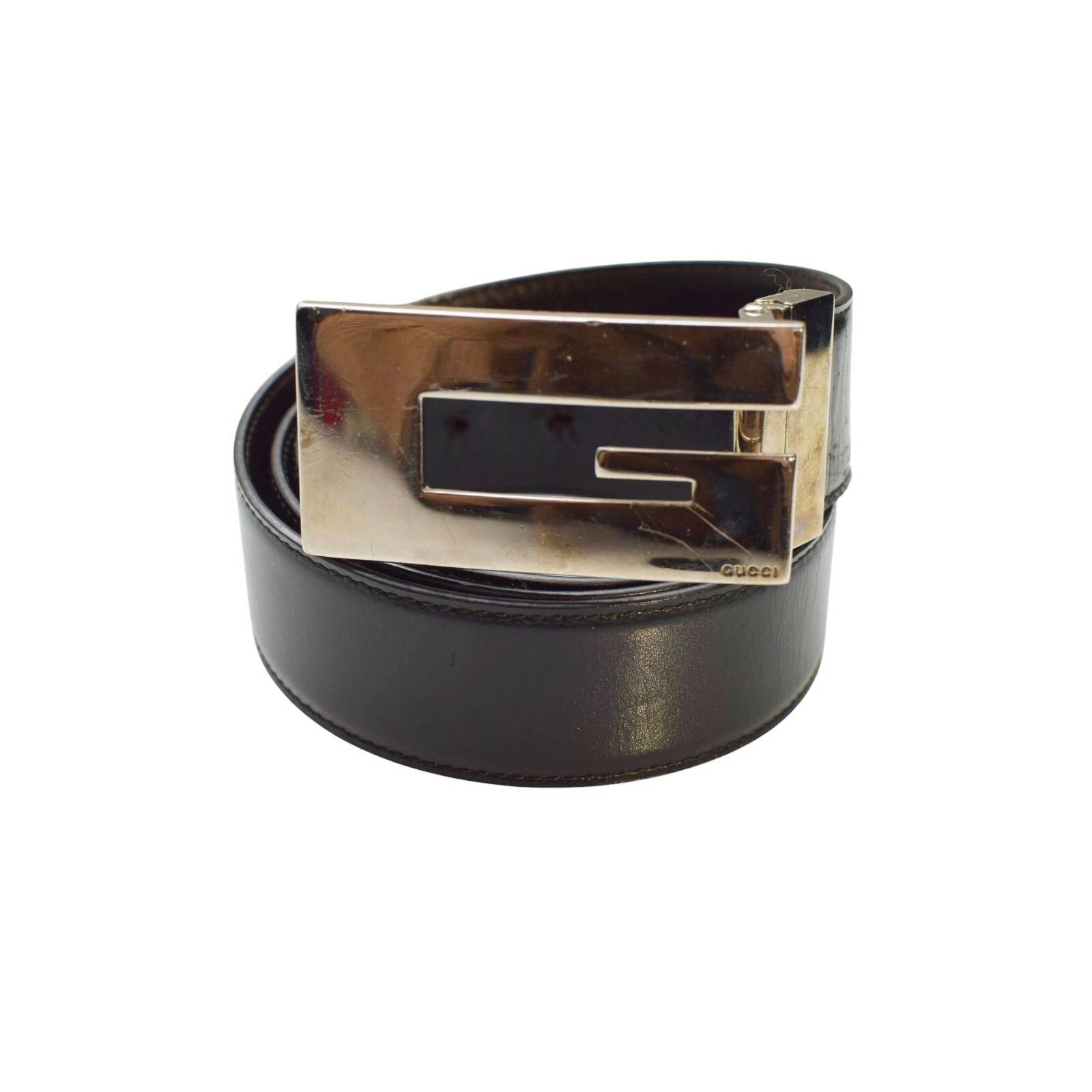 Ceinture Gucci cuir noir grande boucle G monogramme ton argent taille 90 / 36