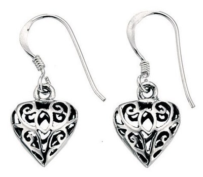 Elements 12mm 925 Oxidised Sterling Silver Filigree Puffed Heart Drop Earrings