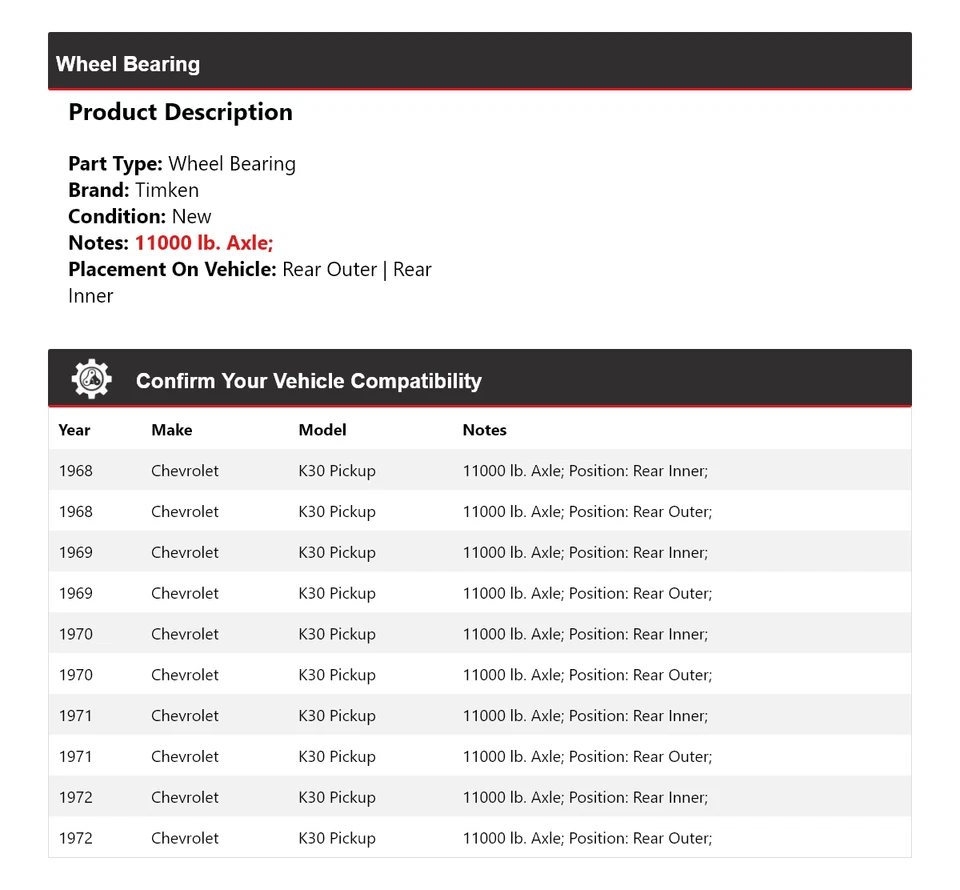Cojinete de rueda para camioneta Chevrolet K30 1968-1972 Timken 1969 1970 1971 Foto 2 de 4