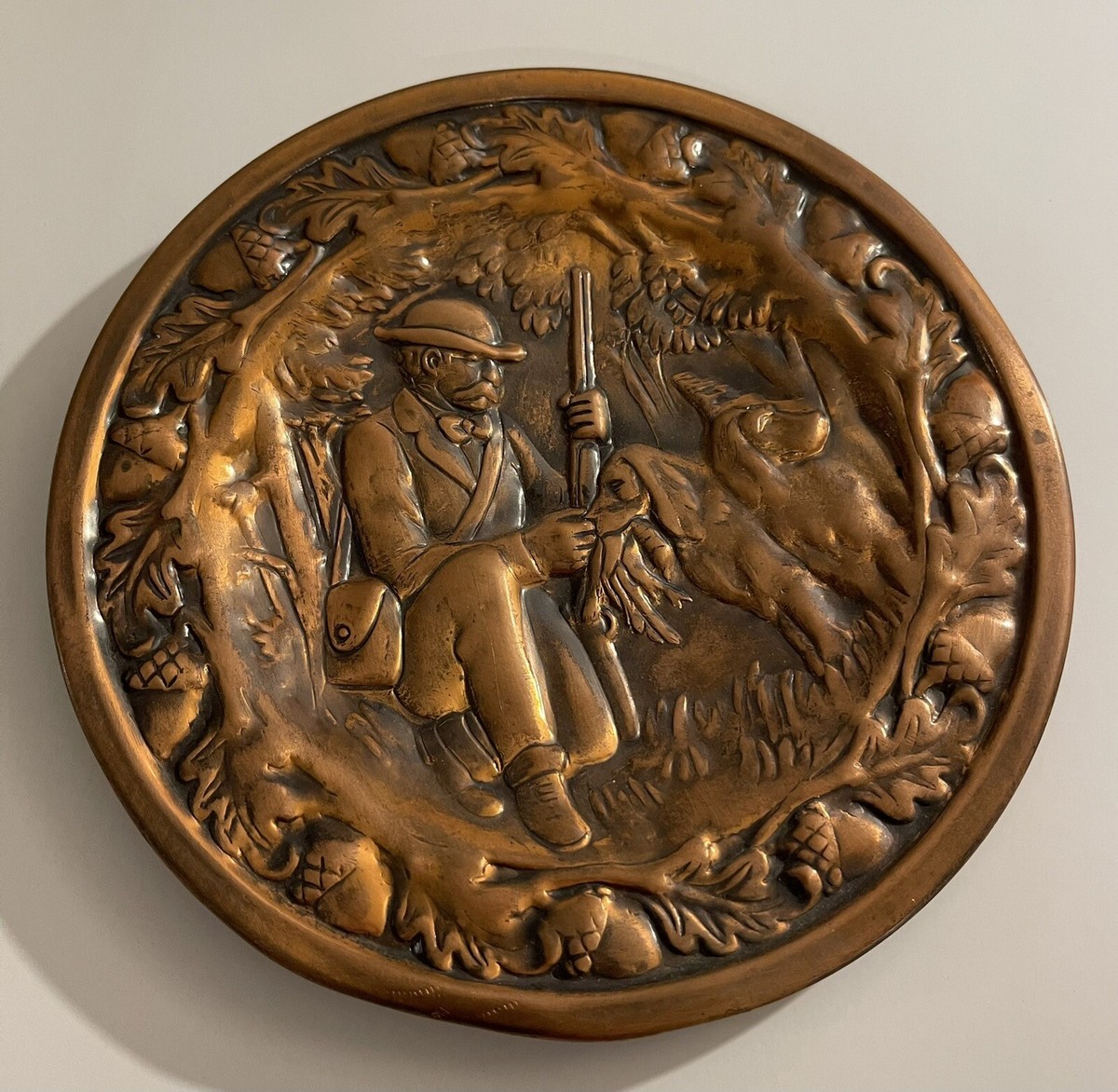 English Hunting Dog And Hunter Scene Pressed Copper Plate Wall Art