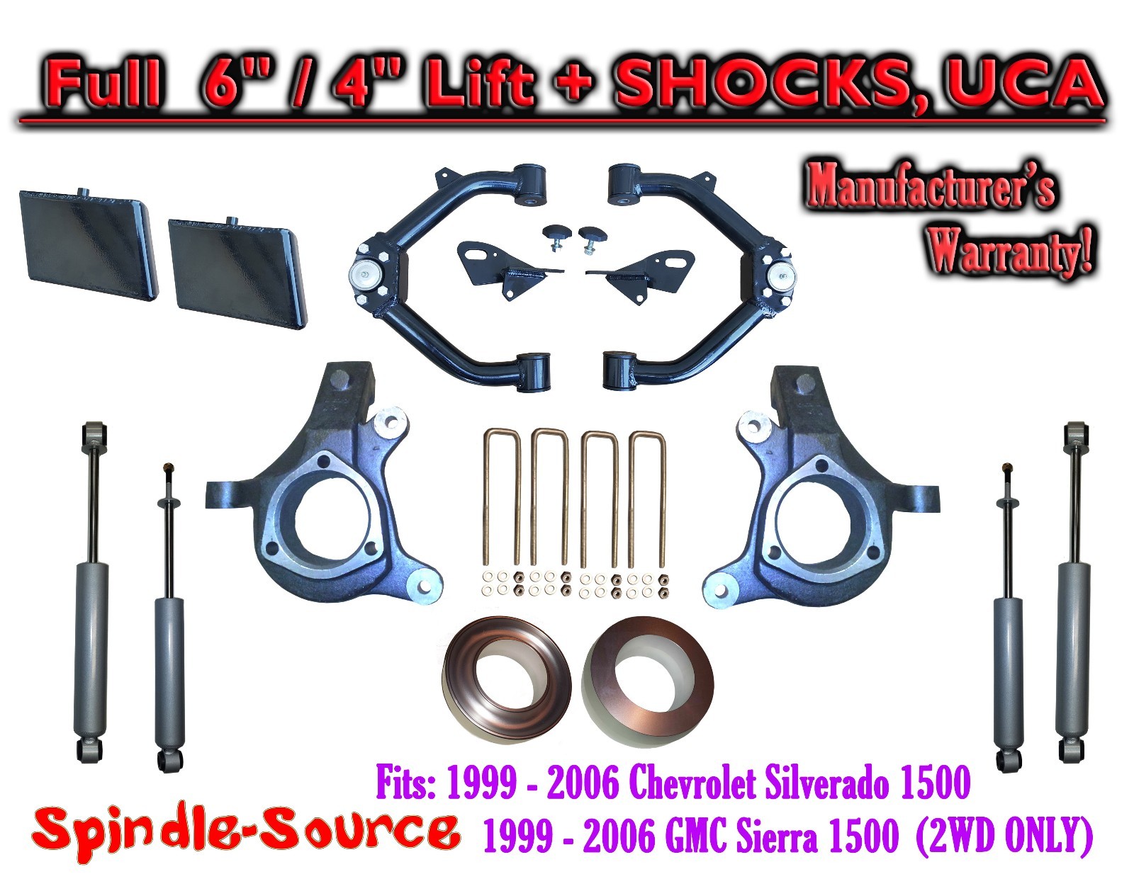 Spindle Lift Kit 6/ 4" Off+SHOCKS+ UCA FOR 9907 Chevy Silverado GMC