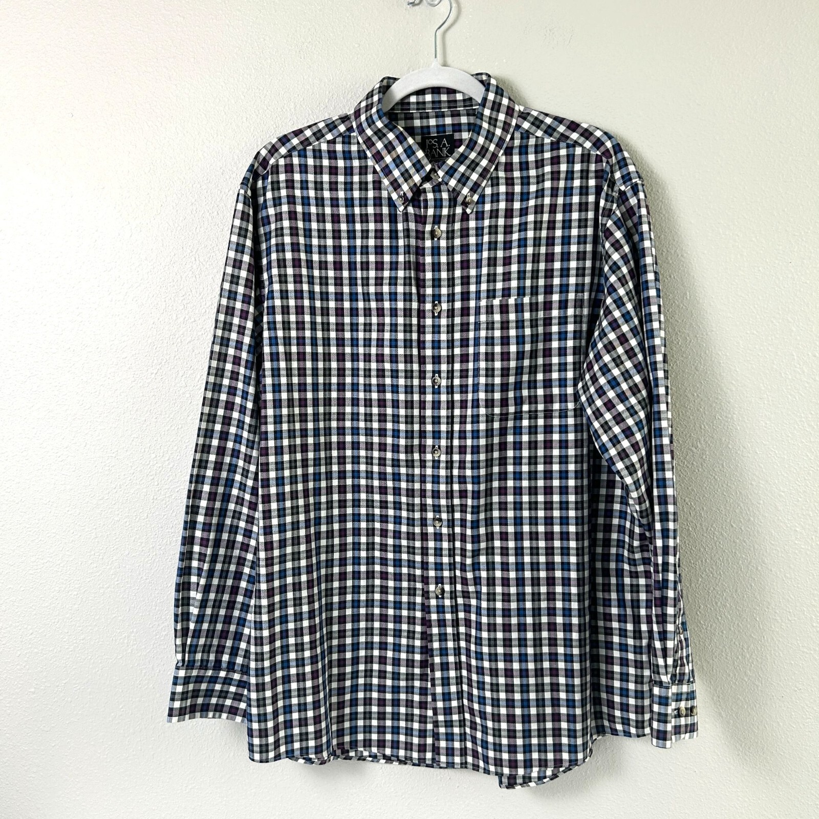 Jos A Bank Travelers Button Down Shirt Mens Size L Blue Purple Plaid Long Sleeve