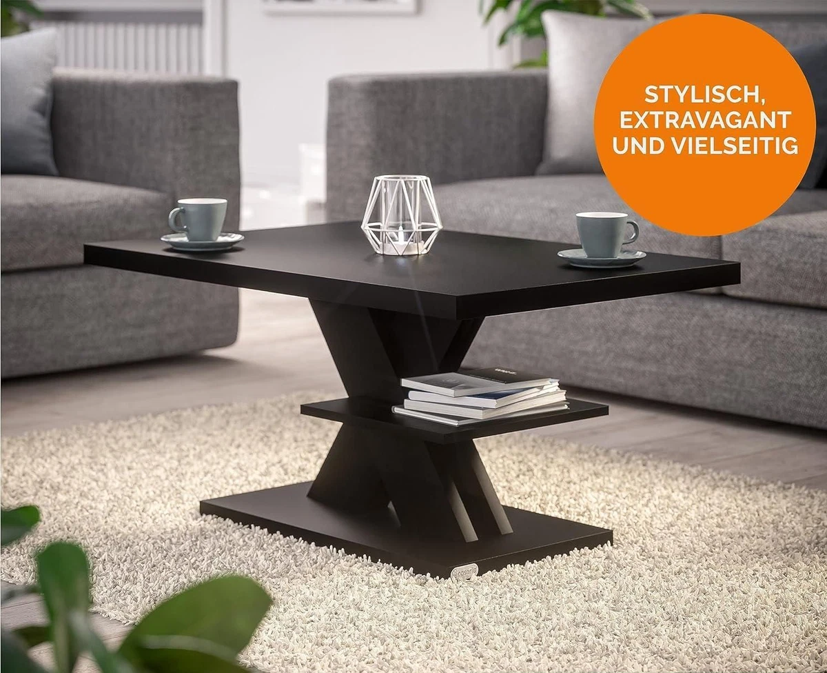 Black Coffee Table 3 Tier Open Storage Shelves Magazine Book Display Modern Unit