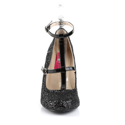 Pink Label Big Size Glitter High Heels Pumps Queen-01 mit T-Spange schwarz
