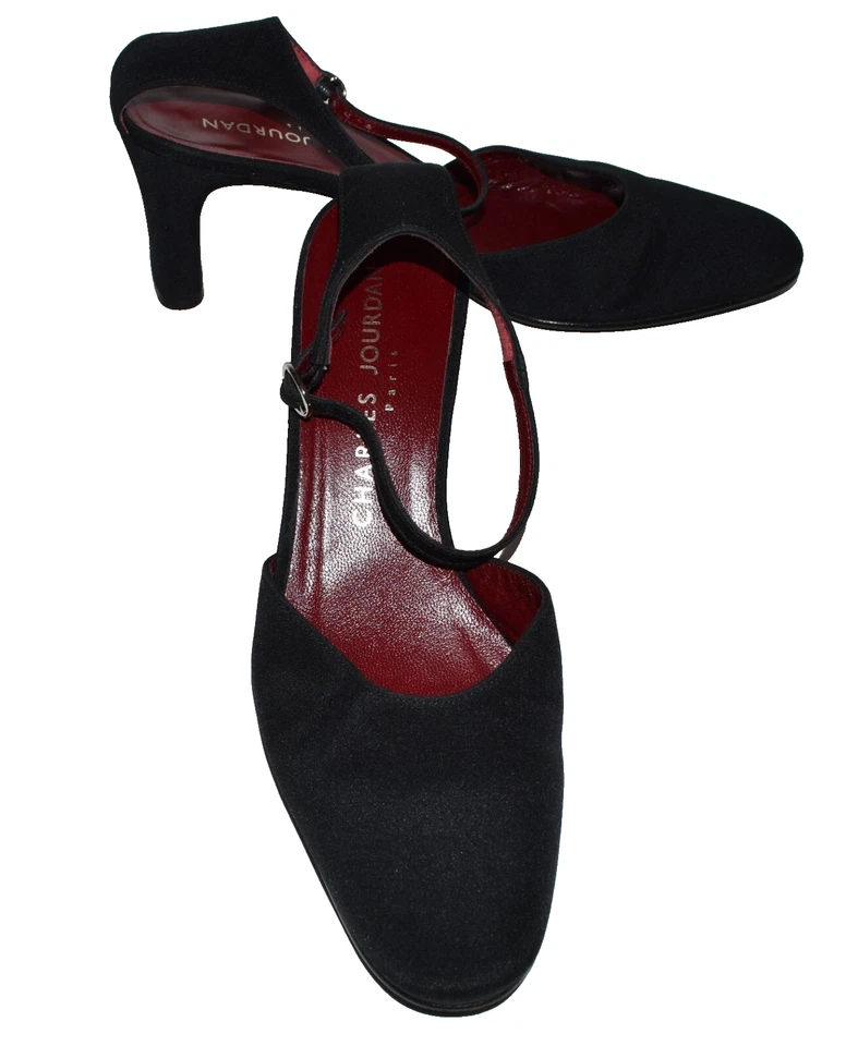Zapatos de salón Charles Jourdan con hebilla de tela negra y correa al tobillo talla 6,5 M hechos en Francia Foto 2 de 4