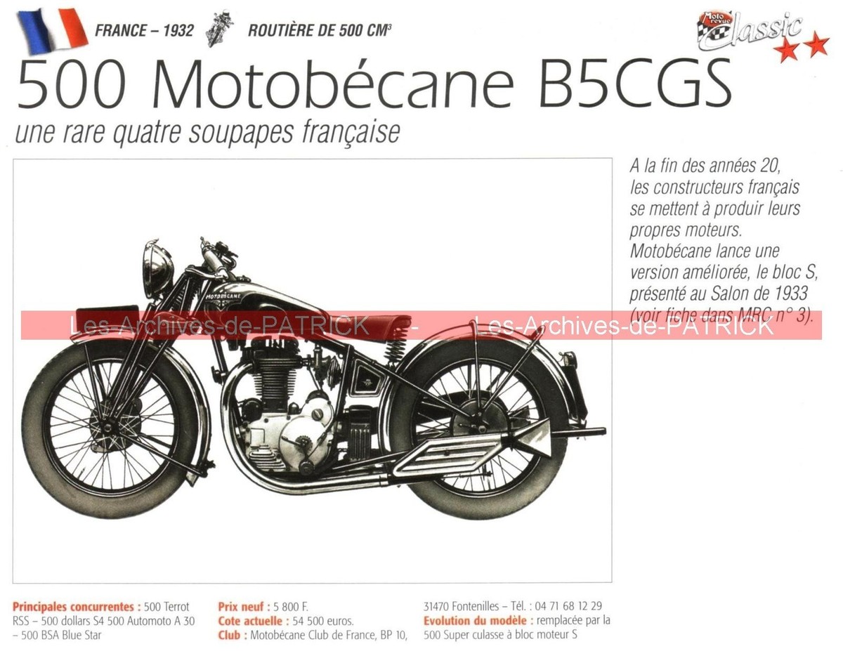 MOTOBECANE 500 B5CGS B5 CGS B 1932 Fiche Moto 000216