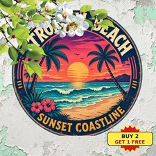 Ocean View Tropical Palm Trees Sunset Beach Round Tin Sign Tiki Bar Wall Decor