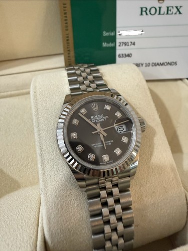 Rolex Datejust 28mm Gray Diamond Dial Fluted Bezel Steel. Box & Papers. 279174