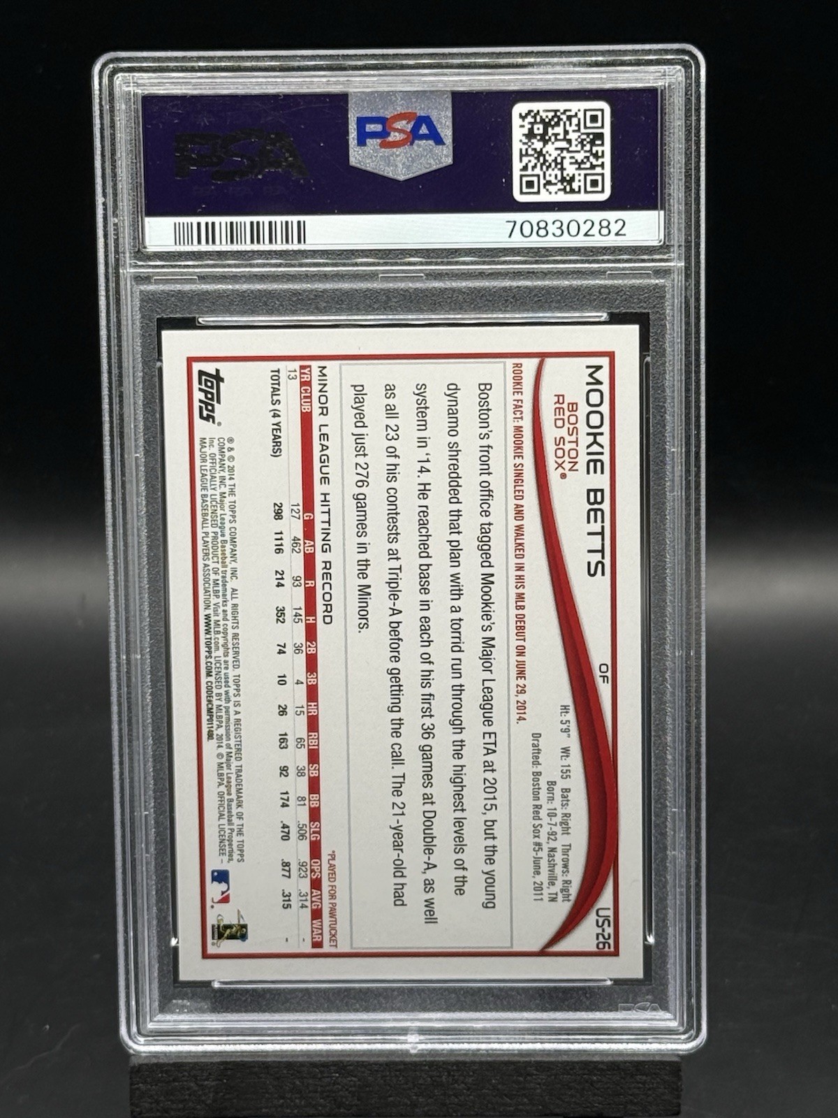 2014 Topps Update Series - Mookie Betts #US-26 Batting (RC) - PSA 9 MINT view 2