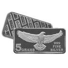 Lot of 5 - 5 Gram .999 Fine Silver Bar - Monarch Precious Metals - Eagle
