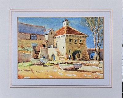 Fishermen's Cottages Pontine Island Original Aquarell Gemälde von John Howe