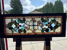 ~ ANTIQUE STAINED GLASS TRANSOM WINDOW 19 JEWELS ~ 48 X 17 ARCHITECTURAL SALVAGE