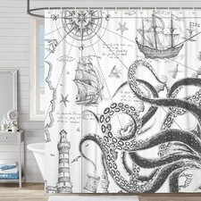 Funny Nautical Octopus Shower Curtain, Cool 72"W x 72"L Pack of 1 Grey