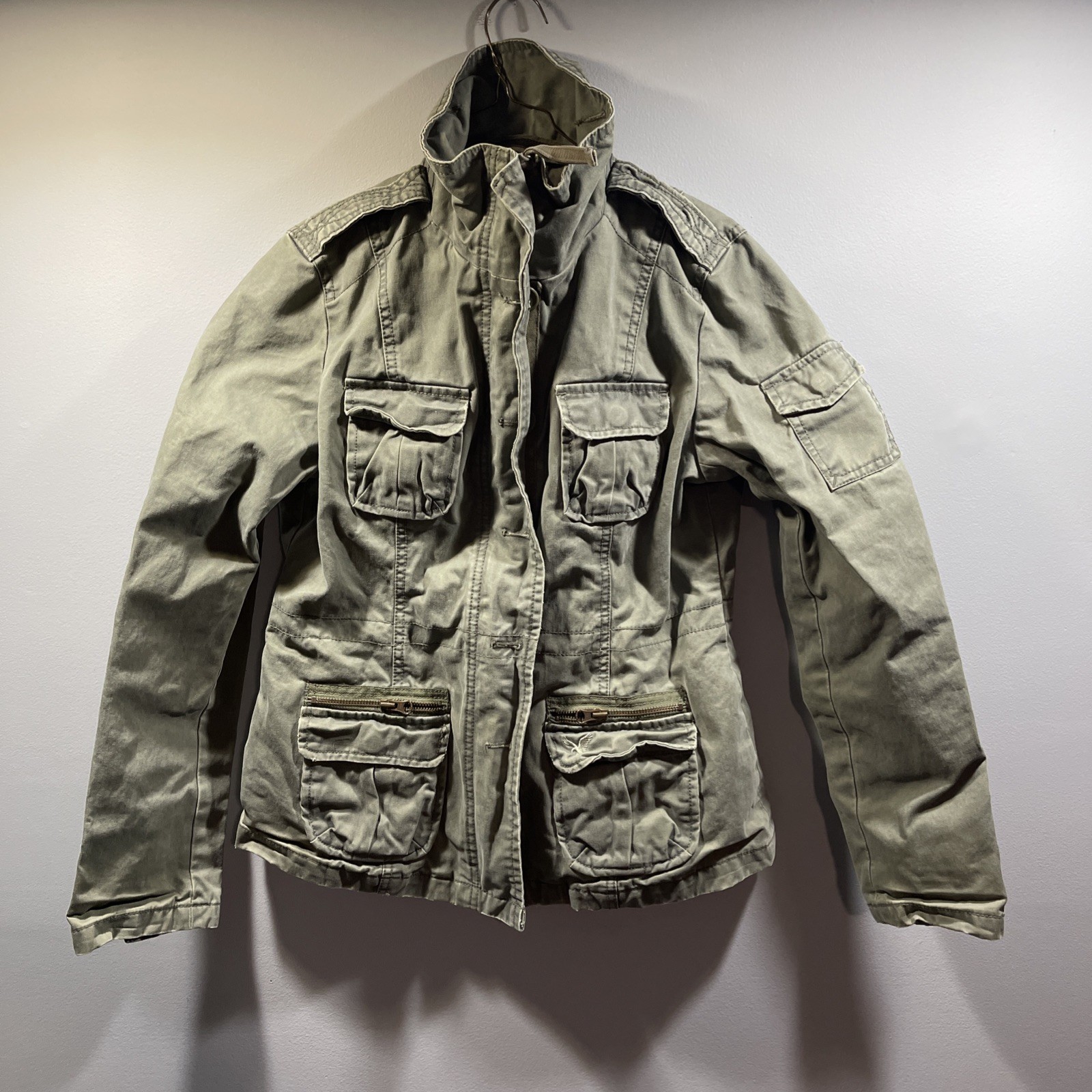 Vintage Y2K American Eagle Womens Medium Green Army Jacket Coat Military Style