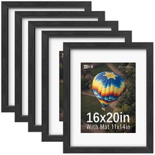 VCK 16x20 Picture Frames Black Set of 5, Wide Border Wood, Tempered Glass, Di...