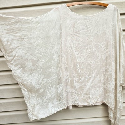 Elena Baldi Silk Top L Italy Beige Botanical Print Lagenlook Oversized Boho