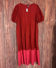 Old Navy Puff Sleeve Tiered Maxi Dress Red Pink 2X Cottagecore Romantic NWT