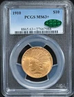 1910 $10 Gold Indian Eagle Coin PCGS MS63+ Plus Grade CAC Sticker Approved