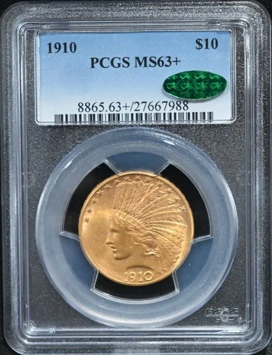 1910 $10 Gold Indian Eagle Coin PCGS MS63+ Plus Grade CAC Sticker Approved