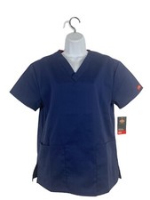 Dickies Womens Top Medical Nursing Blue Scrub V-Neck Short Sleeve Pocket Size XS